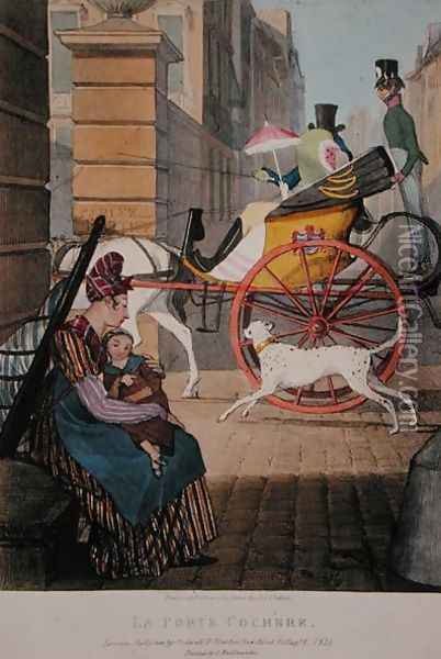 The carriage entrance, from 'Twenty-four Subjects, Exhibiting the Costume of Paris', 1817-22 Oil Painting - John James Chalon