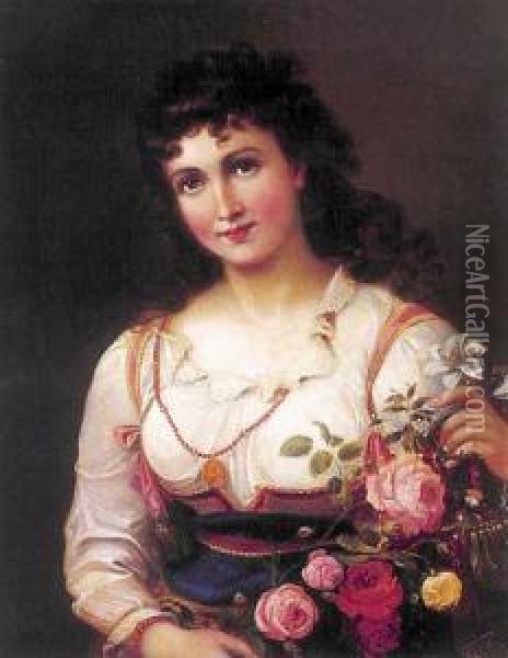 Dziewczyna Z Kwiatami, 1885 R. Oil Painting - Theodor Rabe