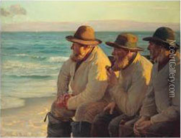 Mens Vaadet Kastes Aftensol (looking Out To Sea) Oil Painting - Michael Ancher