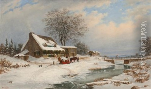 Visitors In Winter Oil Painting - Cornelius David Krieghoff
