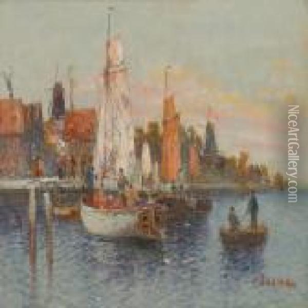 Dutch Harbour With Fishingboats Oil Painting - Karl Kaufmann