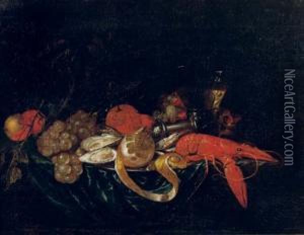 A Lobster, Oysters And A 
Partially Pealed Lemon On A Pewter Plate With Peaches, Grapes, Oranges, A
 Salt Sellar And A Glass Of Wine On A Draped Table Oil Painting - Cornelis De Heem