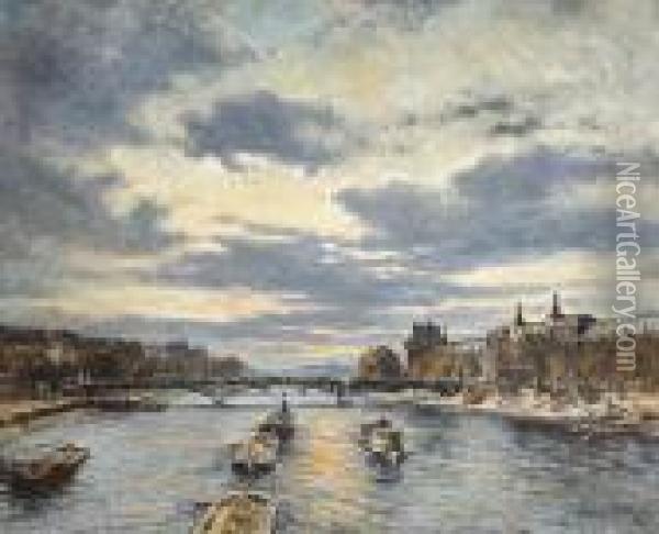Coucher De Soleil Sur Le Pont Des Arts Et Le Louvre Oil Painting - Alexis Vollon