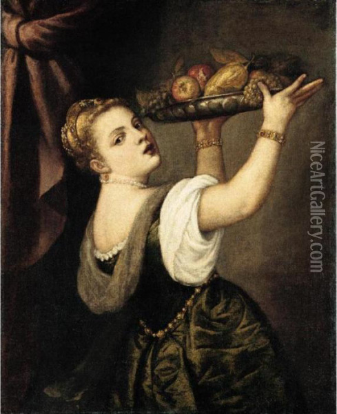 Portrait Of A Young Woman, Half-length, Holding Up A Tray Of Fruit Oil Painting - Tiziano Vecellio (Titian)