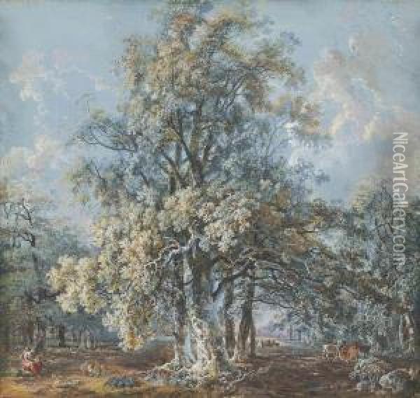 A Mother And Children Resting 
Beneath A Large Beech Tree, Deergrazing Beyond, Possibly In Norbury Park Oil Painting - George Cuitt