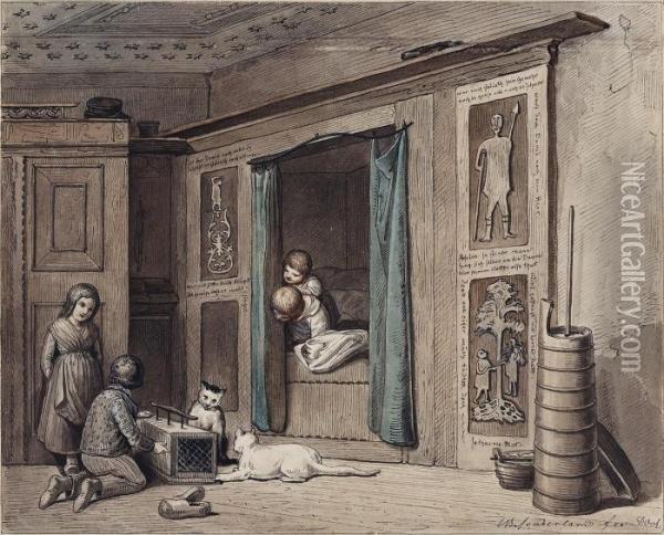 Interieur Mit Spielenden Kindern Und Katzen Oil Painting - Johann Baptist W.A. Sonderland