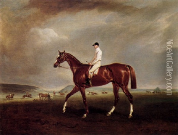 A Bay Racehorse With Jockey Up At Newmarket Oil Painting - Claude Lorraine Ferneley