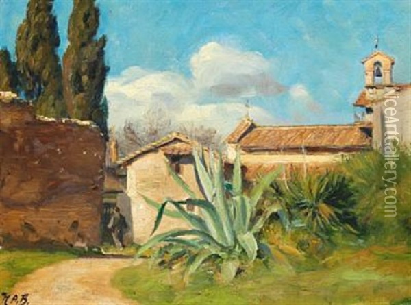 Italian Cloister Garden With A Large Aloe Oil Painting - Hans Andersen Brendekilde