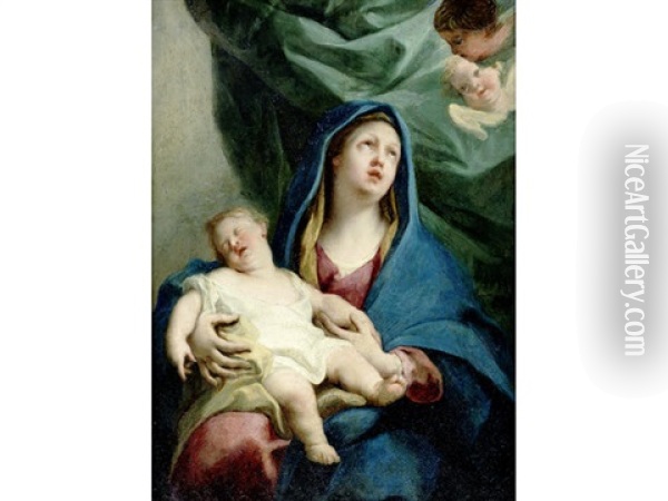 The Madonna And Child Before A Green Curtain Oil Painting - Paul Troger