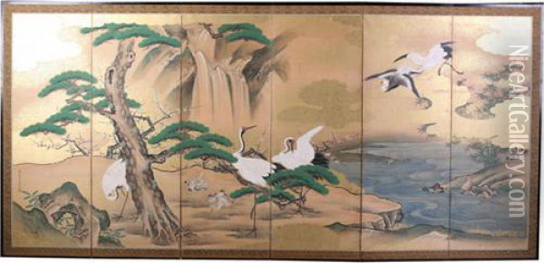Cranes With Pine Trees, Waterfall, Bamboo And Plum Blossom Decoration. Oil Painting - Hoin Kosen Tsunenobu
