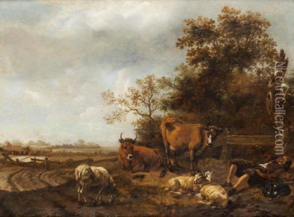 Pastoralt Landskap Med Herde Och Getter Oil Painting - Paulus Potter