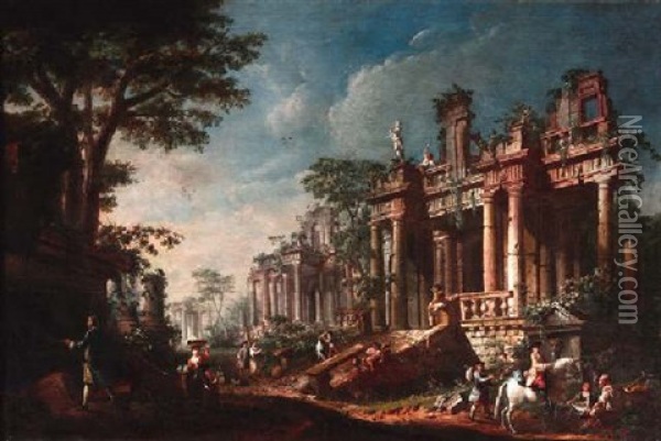 Ruinenlandschaft Mit Landvolk Und Reitern Oil Painting - Giovanni Battista Innocenzo Colombo
