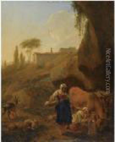 A Rocky Southern Landcape With 
Two Peasant Women With Their Flockand Cattle Halting Near A Stream Oil Painting - Nicolaes Berchem