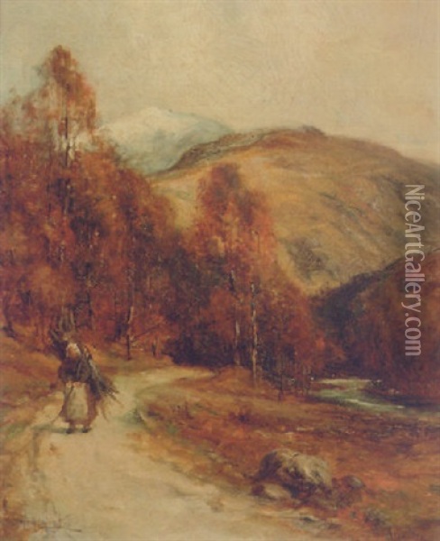 A Faggot Gatherer In A Highland Landscape Oil Painting - James Garden Laing