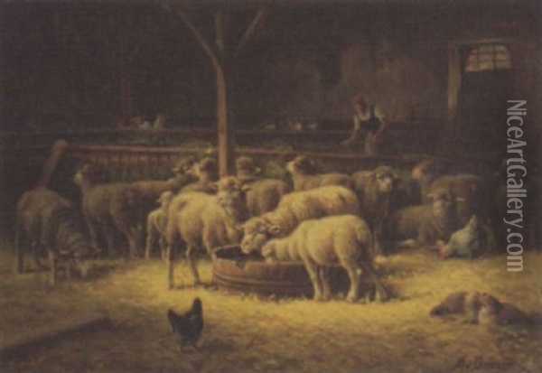 Sheep And Chickens In A Stable Oil Painting - Max Breu