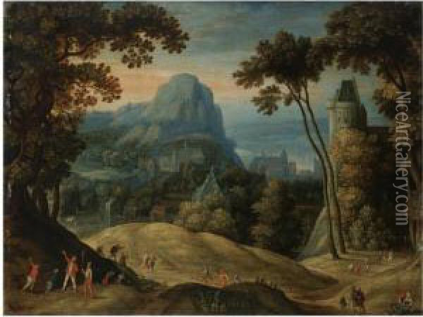 An Extensive Hilly Landscape With A Town In A Valley And A Castle In The Midground. Oil Painting - Marten Ryckaert