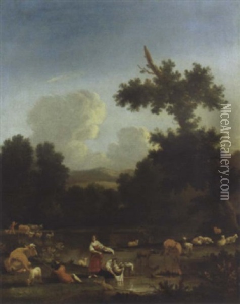 A Wooded Landscape With Women Washing Clothes By A Lake, With Herdsmen, Cattle And Sheep Oil Painting - Karel Dujardin