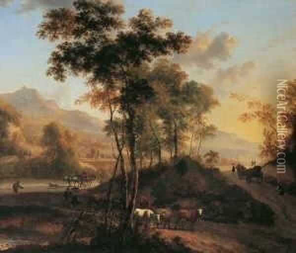 Landschaft Mit Bauern, Vieh Und Pferdefuhrwerken. Oil Painting - Jan Hackaert