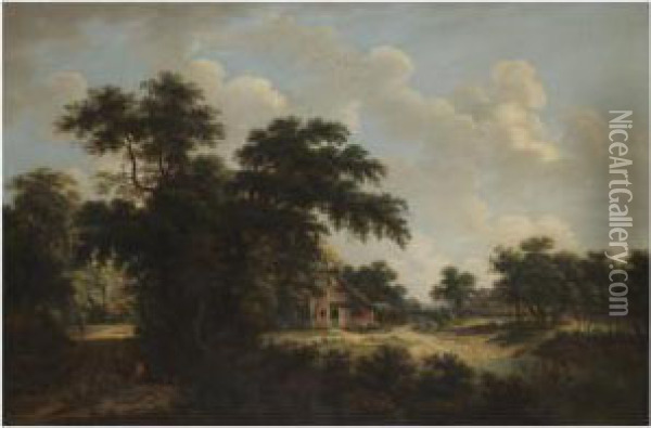 A Wooded Landscape With Figures Fording A Stream Near Acottage Oil Painting - Meindert Hobbema