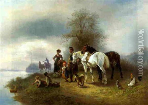 Eine Familie Wartet Mit Ihren Pferden Auf Den Ankommenden Lastkahn Oil Painting - Wilhelm Alexander Meyerheim