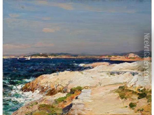 :pecheur En Bord De Cote Mediterraneenne Oil Painting - Jean-Baptiste Olive