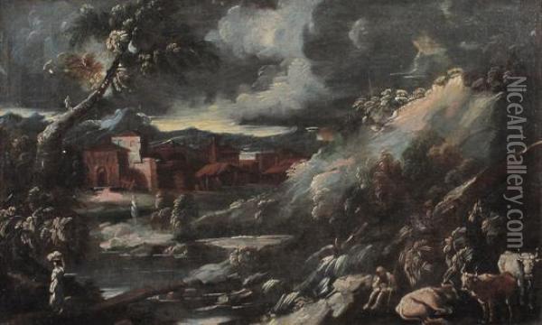 Paesaggio Fluviale Con Armenti, Pastori E Lavandaie Oil Painting - Alessio De Marchis