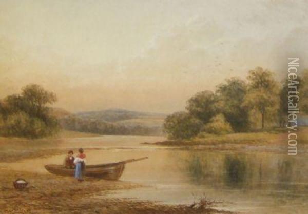 River Landscape With Figures By Rowing Boat In Foreground Oil Painting - Thomas Harper