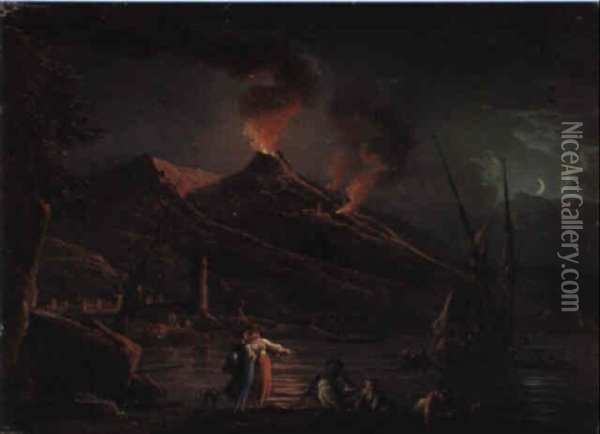 A Capriccio View Of Vesuvius Erupting At Night, With Fisherfolk Oil Painting - Charles Francois Lacroix