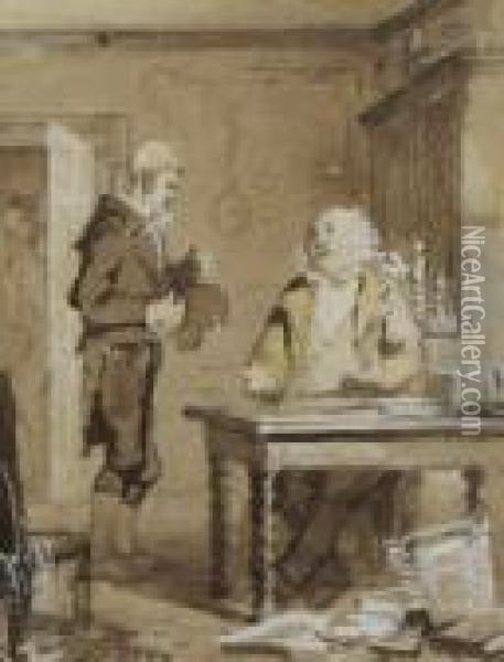 Study Of A Landlord And Tenant In Interior Oil Painting - Erskine Nicol