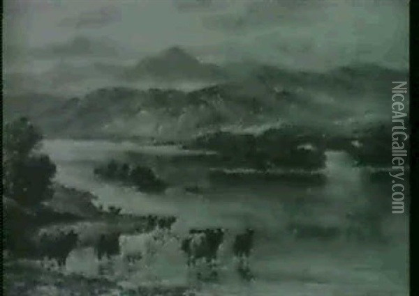 Cattle Watering In Highland Lake Landscapes                 (2) Oil Painting - William Langley