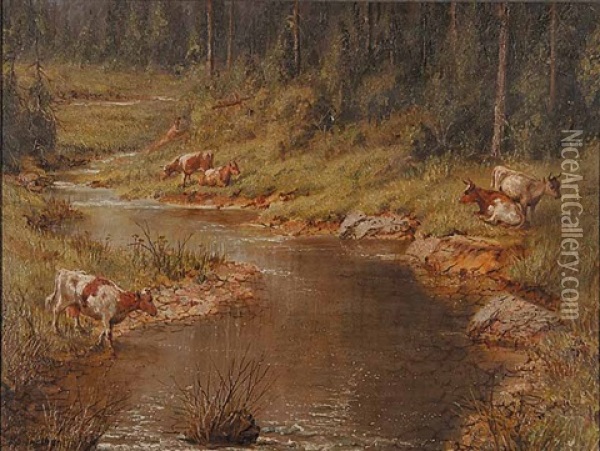 Untitled (cattle At A Stream) Oil Painting - Thomas Mower Martin