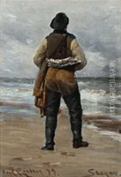 A Fisherman Looking Towards The Sea Oil Painting - Carl Ludvig Thilson Locher