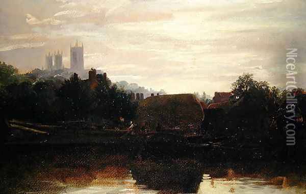 A View of Lincoln from the Foss Dyke, Dawn Oil Painting - Peter de Wint