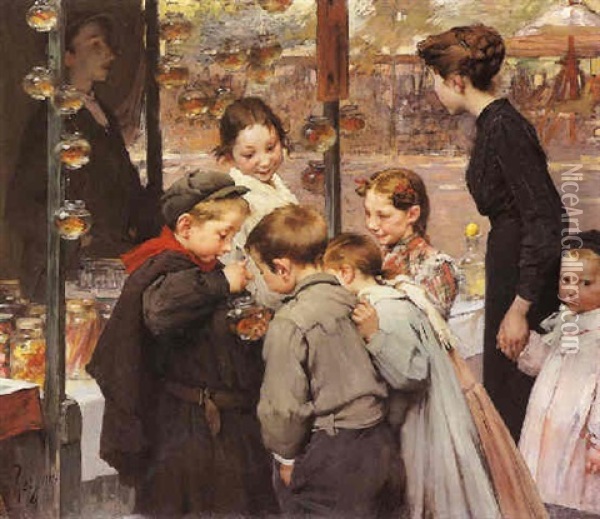Les Poissons Rouges Oil Painting - Henry Jules Jean Geoffroy