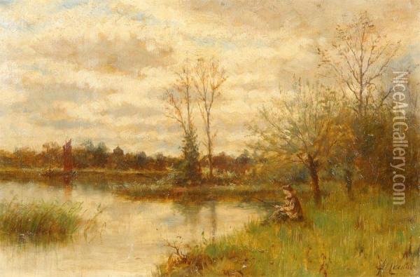 Fisherman At Loch Autumn Near The Village Of Much Hadman Oil Painting - Peter Macnab