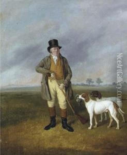 A Gentleman, Partridge Shooting With Two Pointers In Alandscape Oil Painting - James Barenger