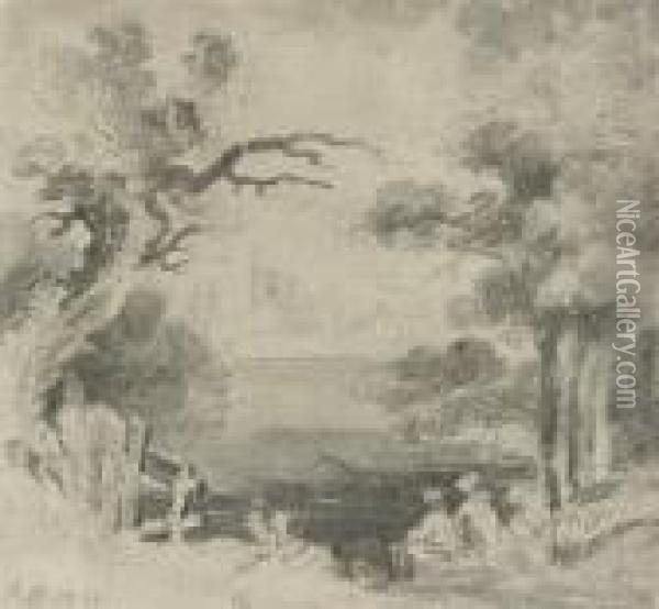 Figures Resting In A Landscape, A Town Beyond Oil Painting - John Constable