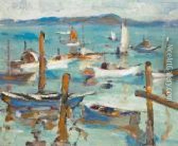 Moored Boats, Believed To Be Monterey Bay Oil Painting - Selden Connor Gile