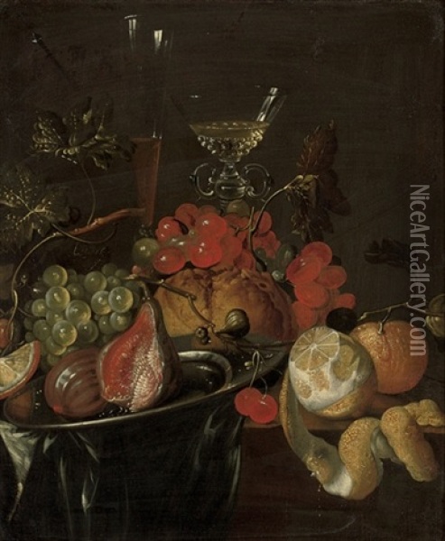 Figs And Grapes On A Pewter Platter, Two Glass Roemers, A Partly Peeled Lemon And An Orange On A Draped Wooden Ledge Oil Painting - Cornelis De Heem