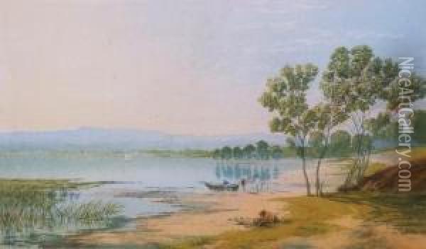 Fishermen On The Banks Of A Lake Oil Painting - Nicholas Chevalier