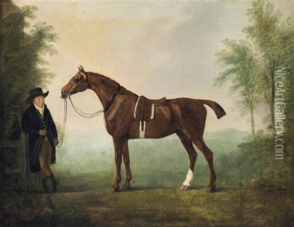 A Saddled Chestnut Hunter And Groom Oil Painting - John Boultbee