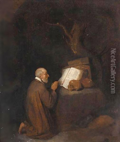 A Study Of A Hermit Kneeling Before An Open Book And Skulls Oil Painting - Quiringh Gerritsz. van Brekelenkam