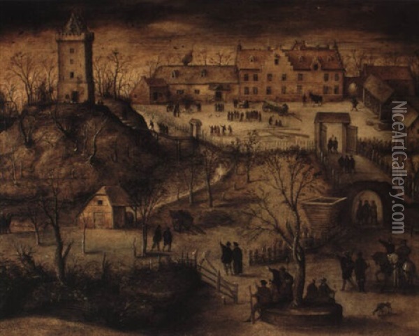 A Winterlandscape With A Manor House, Outbuildings And      Numerous Figures Oil Painting - Jakob Grimer
