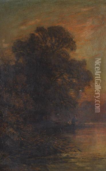 Fishermen On A Rural River At Sunset Oil Painting - Thomas Danby