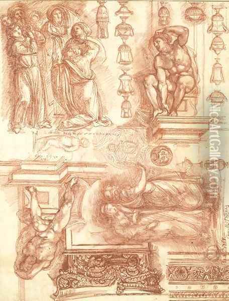 Studies after Michelangelo and other artists, with sketches of capitals, friezes and vases Oil Painting - Robert Ango