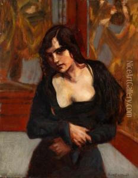 Junge Frau In Schwarzem Kleid Oil Painting - Albert von Keller