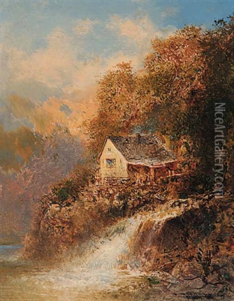 Water Mill Oil Painting - Otto Reinhold Jacobi