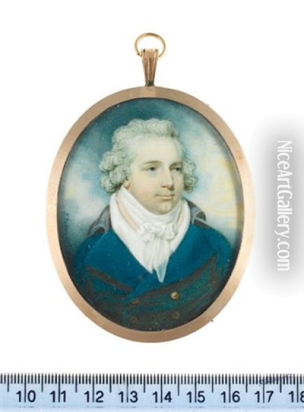 A Gentleman, Wearing Blue Coat With Black Collar, White Waistcoat, Pink Solitaire, Cravat And Stock Oil Painting - Peter Paillou