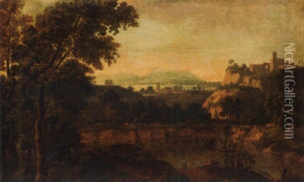 An Extensive Classical Landscape With Travellers Near A Lake Oil Painting - Gaspard Dughet
