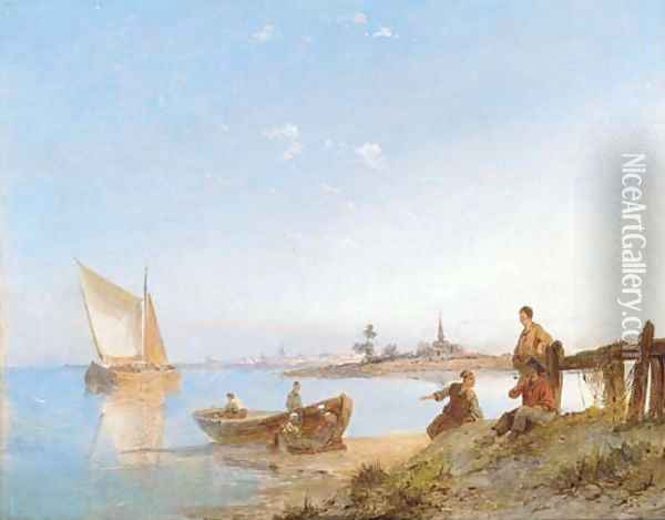 A river scene in Holland Oil Painting - Pieter Christiaan Cornelis Dommersen